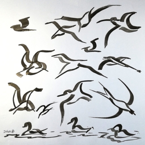 Dessin gestuel calligraphie oiseaux unique