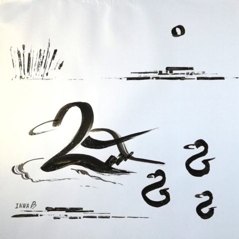 Dessin gestuel calligraphie oiseaux unique