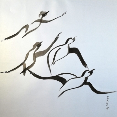 Dessin gestuel calligraphie oiseaux unique